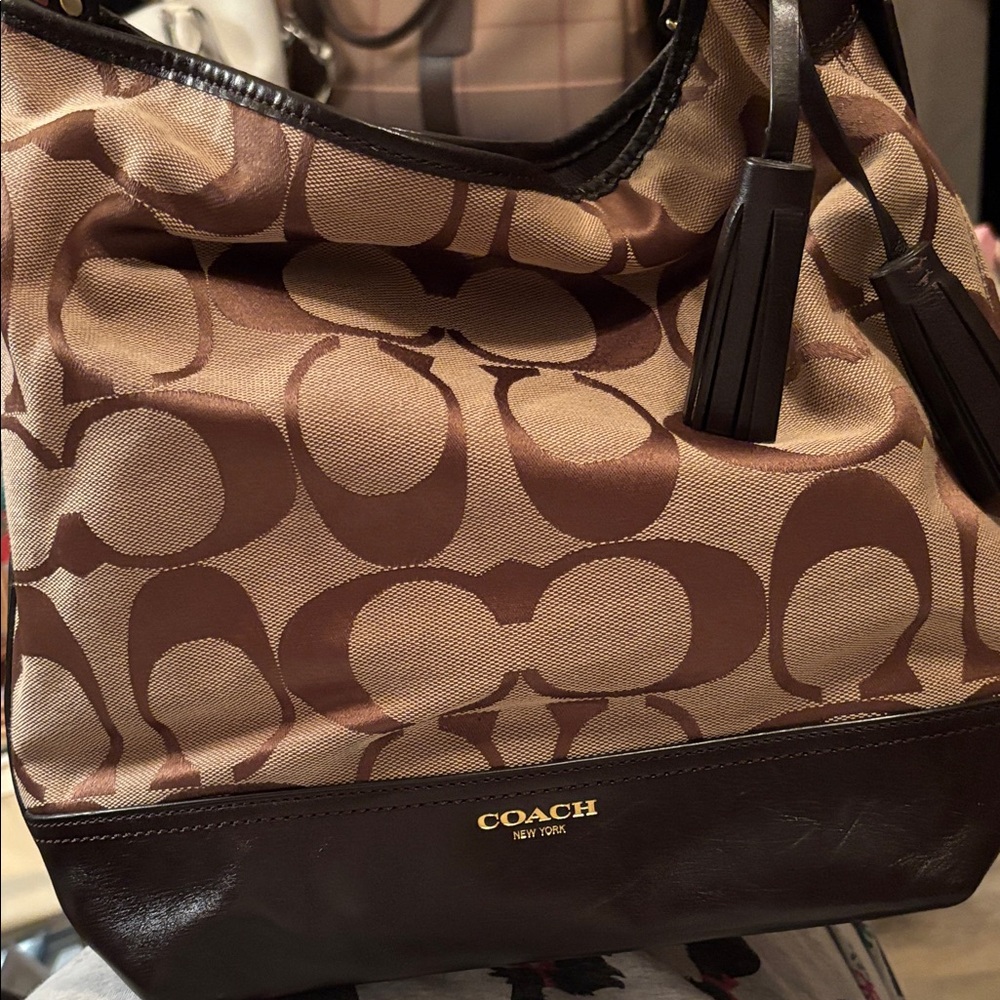Coach Tan and Brown Signature Shoulder Bag